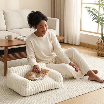 Chat panier blanc moelleux avec un chaton endormi