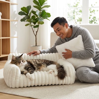 Chat panier en forme de canapé blanc avec un chat