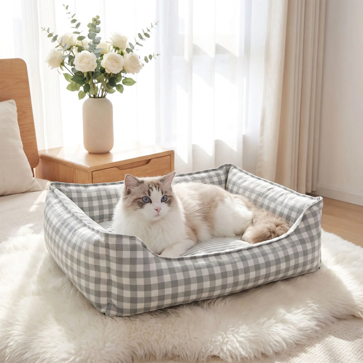 chat panier en tissu vichy gris clair vraiment confortable