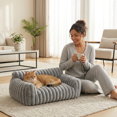 Chat panier gris en forme de canapé avec un chat