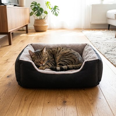  chat panier rectangulaire avec un chat dormant dedans
