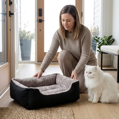 chat panier rectangulaire avec un chat et une femme a cote