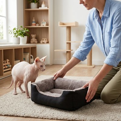 chat panier rectangulaire avec un chat nu et une femme a cote
