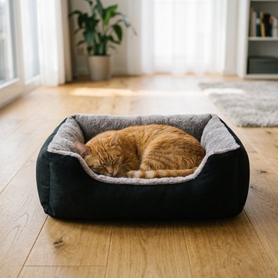 chat panier rectangulaire avec un chat roux dormant dedans