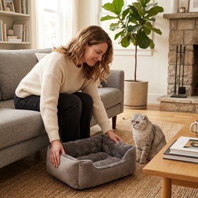 Chat panier rectangulaire gris effet velours 