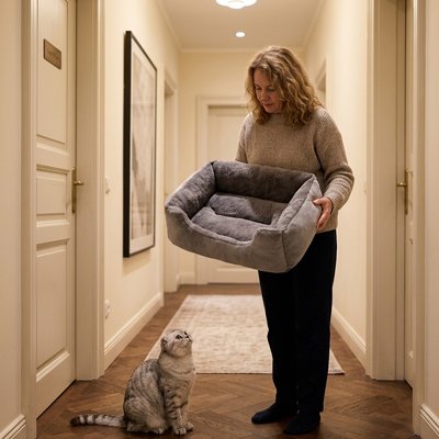 Chat panier rectangulaire gris grande taille ultra moelleux