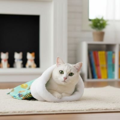 couchage pour Chat en forme de sac de couchage avec chat blanc dedans