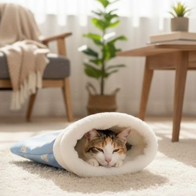couchage pour Chat en forme de sac de couchage chat dormant dedans