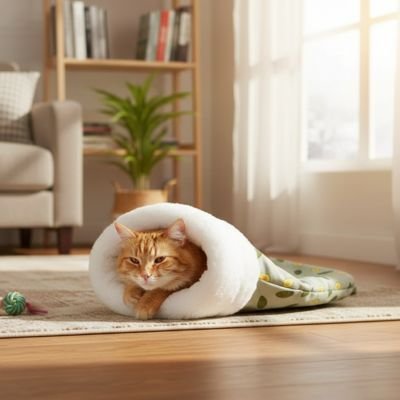 couchage pour Chat en forme de sac de couchage dans joli salon