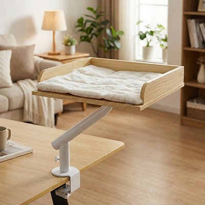couchage pour chat fixation de bureau avec coussin