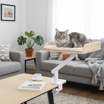 couchage pour chat fixe a table de salon avec chat dessus