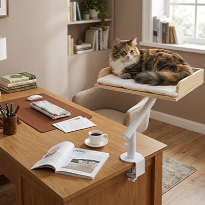 couchage pour chat fixe a un bureau avec chat couche dessus