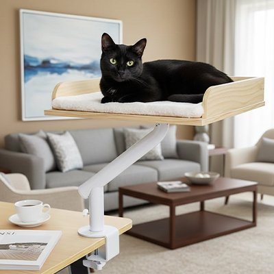 couchage pour chat fixe a une table avec chat noir dessus