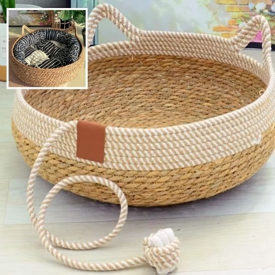 couchage pour chat tressé en corde naturelle sans coussin bulle demo