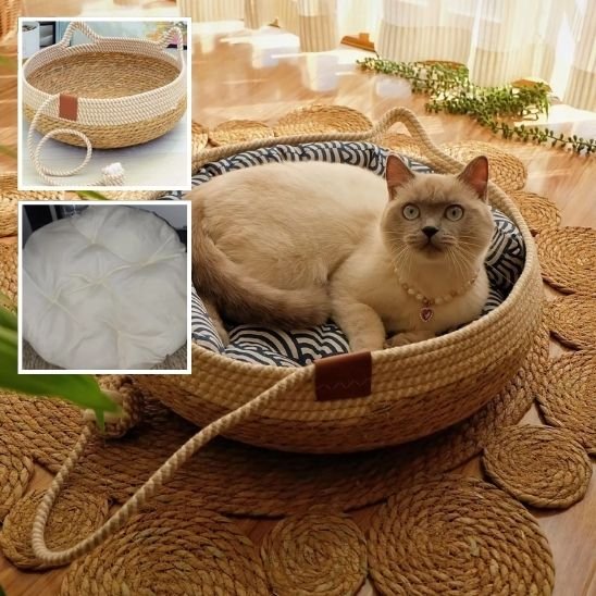 couchage pour chat tressé en cordes naturelles chat couche dedans bulles demo