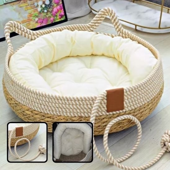 couchage pour chat tressé en cordes naturelles et son coussin beige bulle demo