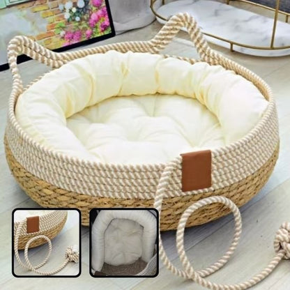 couchage pour chat tressé en cordes naturelles et son coussin beige bulle demo