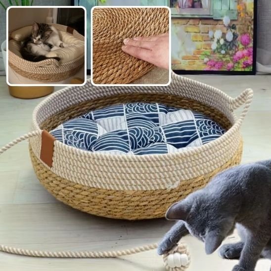couchage pour chat tressé en cordes naturelles et son coussin bleu bulles demo