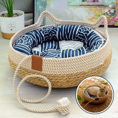 couchage pour chat tressé en cordes naturelles et son coussin bleu bulle demo