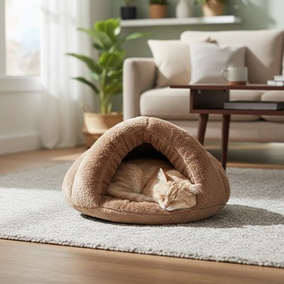 couchage pour chat triangulaire en fausse fourrure brun avec chat dedans
