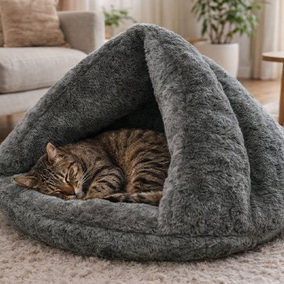 couchage pour chat triangulaire en fausse fourrure gris avec chat dormant dedans