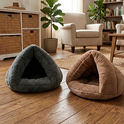 couchage pour chat triangulaire en fausse fourrure gris ou brun