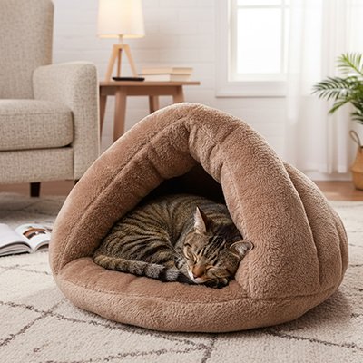 couchage pour chat triangulaire en fausse fourrure marron chat dormant dedans