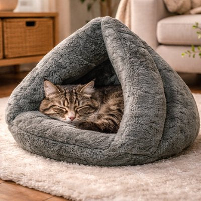 couchage pour chat triangulaire en fausse fourrure gris animal dedans