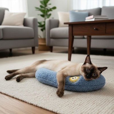coussin a chat en demi lune bleu et moelleux
