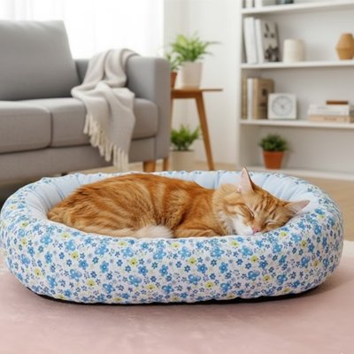 coussin à chat ovale motifs fleuri bleu tres moelleux