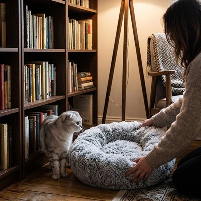 Coussin à chat rond et gris bien rembourré