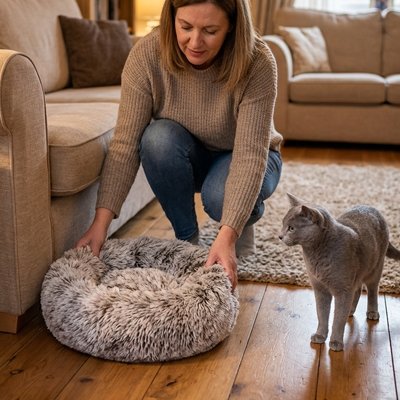 Coussin à chat rond et gris  moelleux