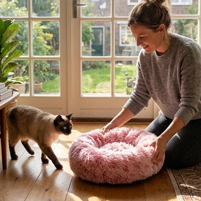 coussin à chat rond et rose rembourré