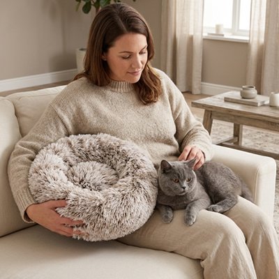 coussin a chat rond gris et doux