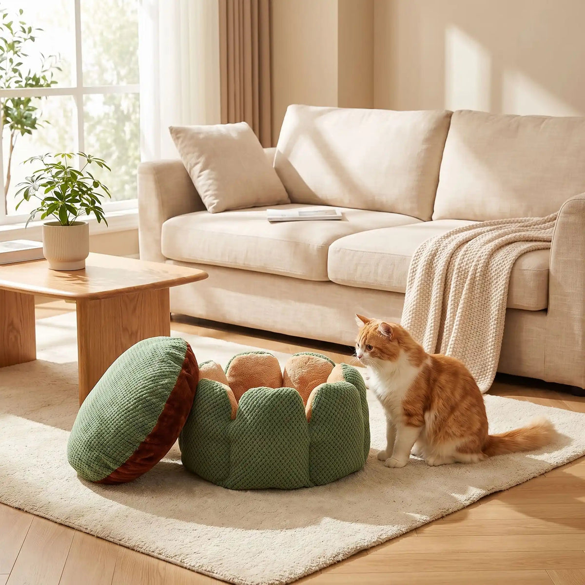 coussin a chat rond vert en forme de petales
