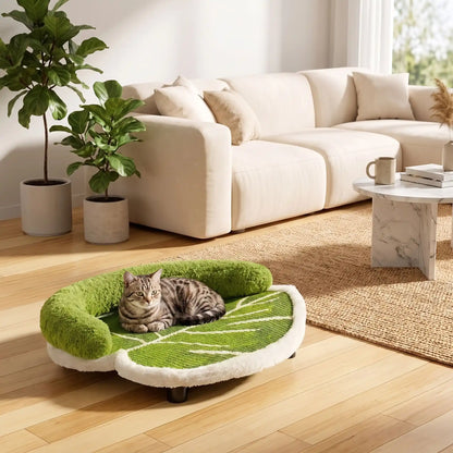 coussin chat grand confort vert en forme de feuille