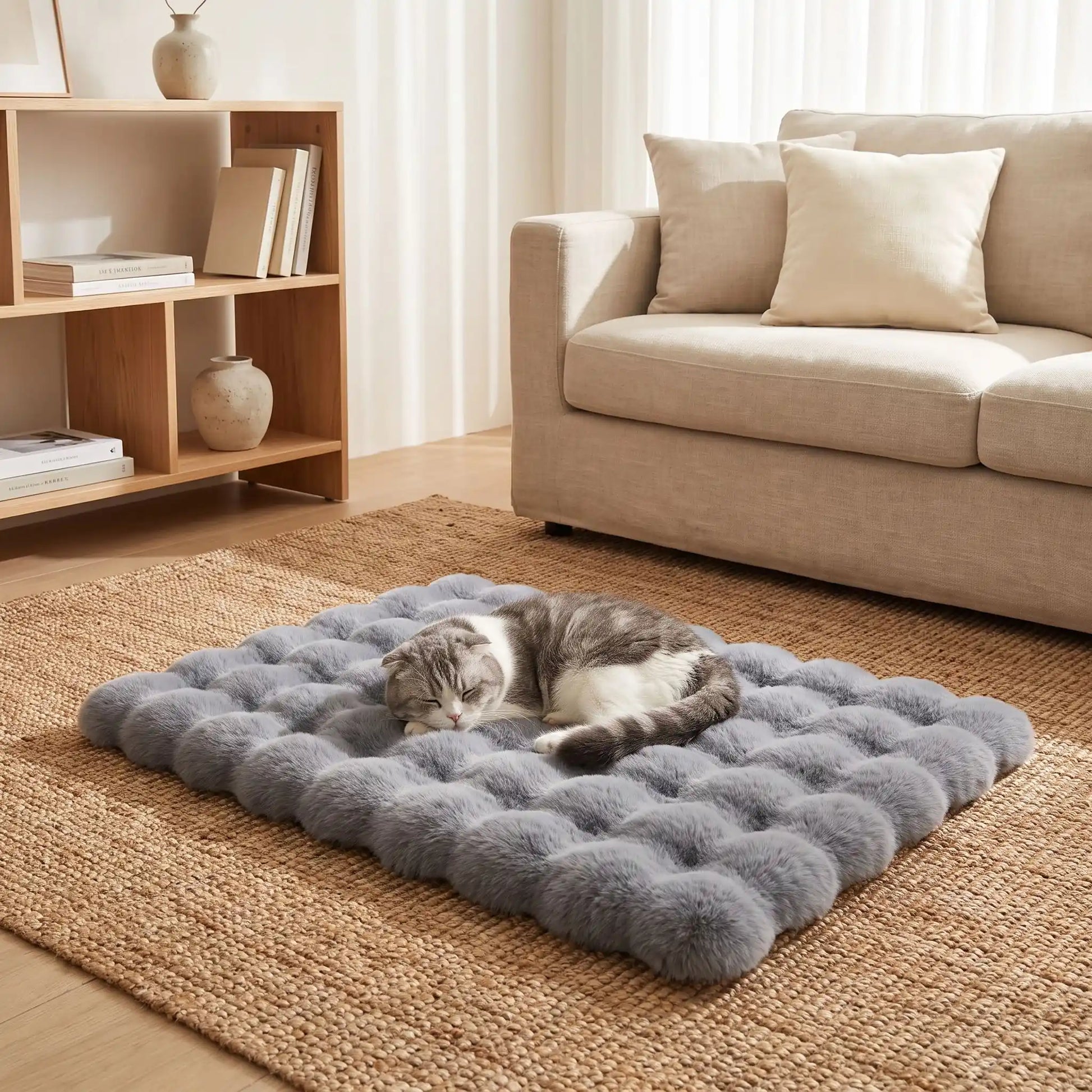 coussin chat moelleux capitonne gris et confortable 