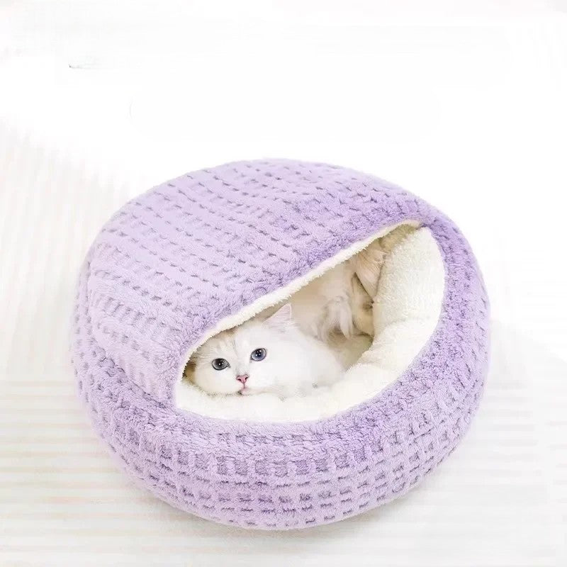 coussin chat rond mauve ultra moelleux avec capuche