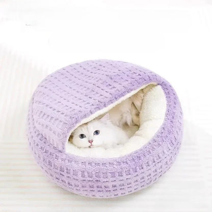 coussin chat rond mauve ultra moelleux avec capuche