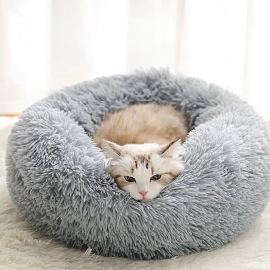 coussin chat rond peluche gris et douillet