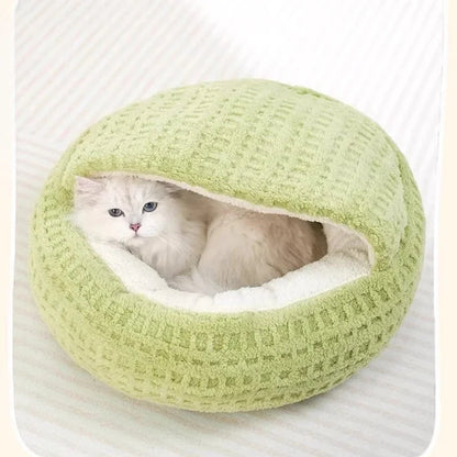 coussin chat rond vert avec capuche ultra moelleux