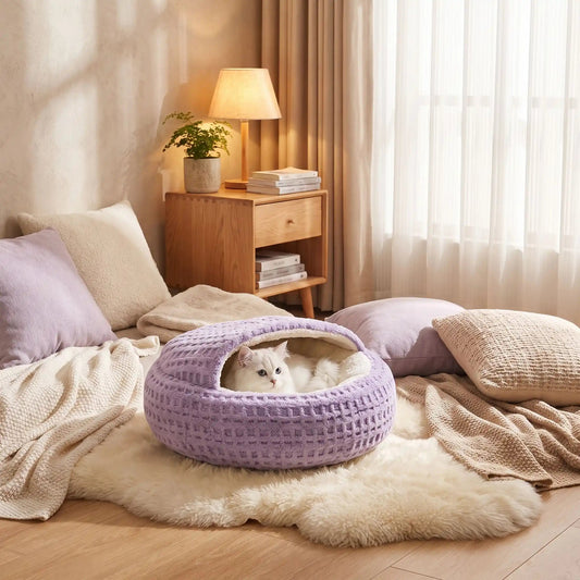 coussin chat super confortable mauve et doux a capuche