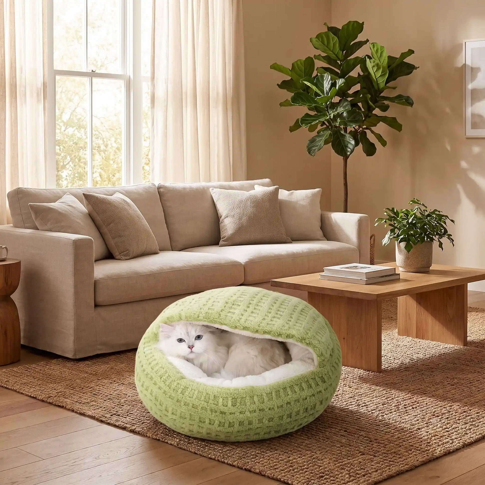 coussin chat vert et rond tres moelleux et confortable