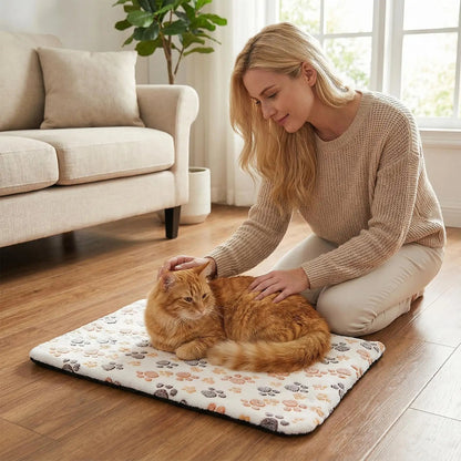 coussin chauffant chat rectangulaire blanc avec motifs pattes de chat