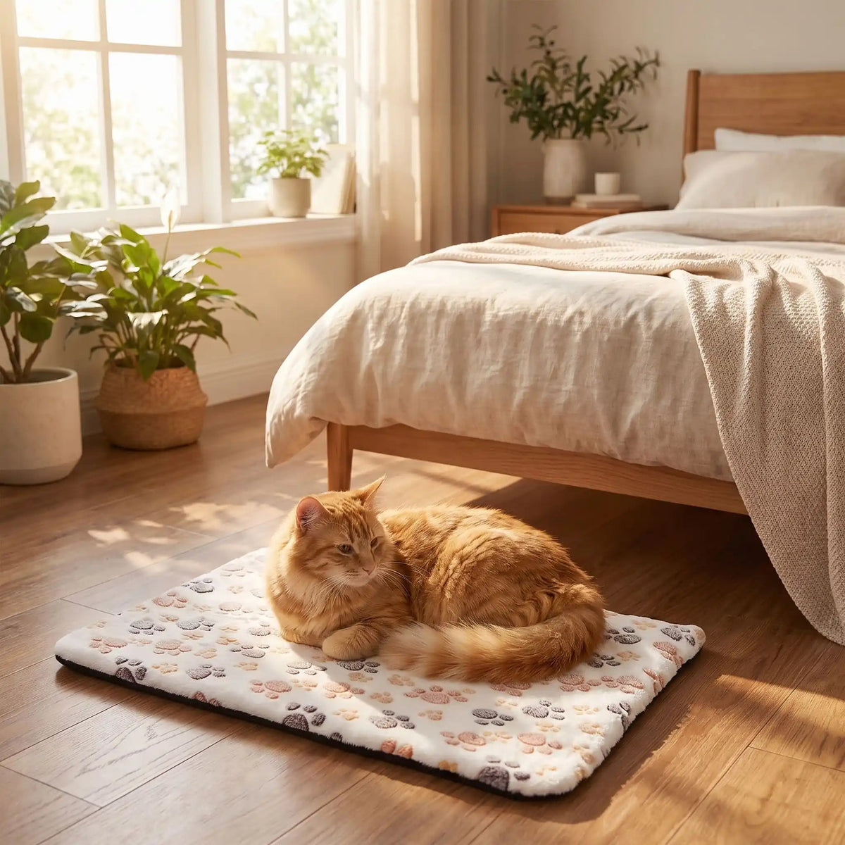 coussin chauffant chat rectangulaire plat blanc avec des motifs