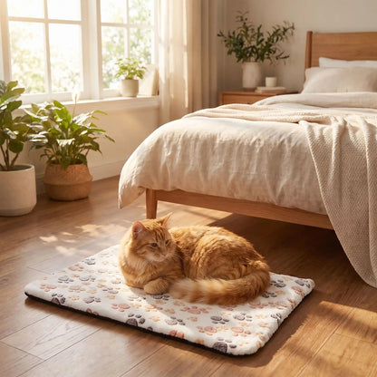 coussin chauffant chat rectangulaire plat blanc avec des motifs