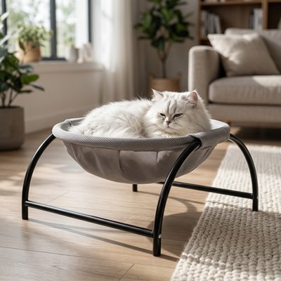Hamac chat autoportant avec un chat blanc couche dedans