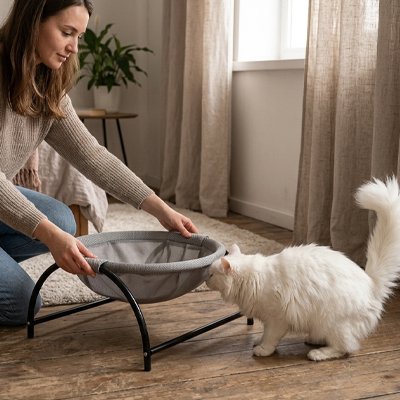 Hamac chat autoportant avec un chat et une femme a cote