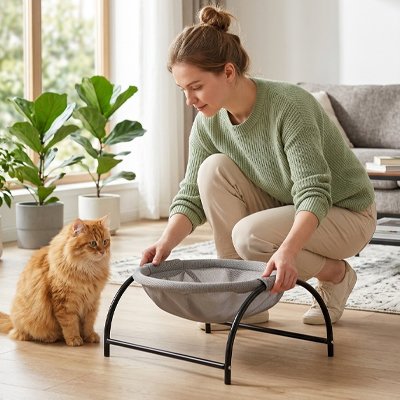 Hamac chat autoportant avec un chat roux et une femme a cote