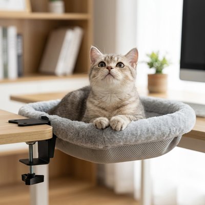 Hamac chat confortable gris fixe a un bureau